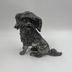 Antique Silver Bronze Dog Figurine In Sitting Position Vintage MCM